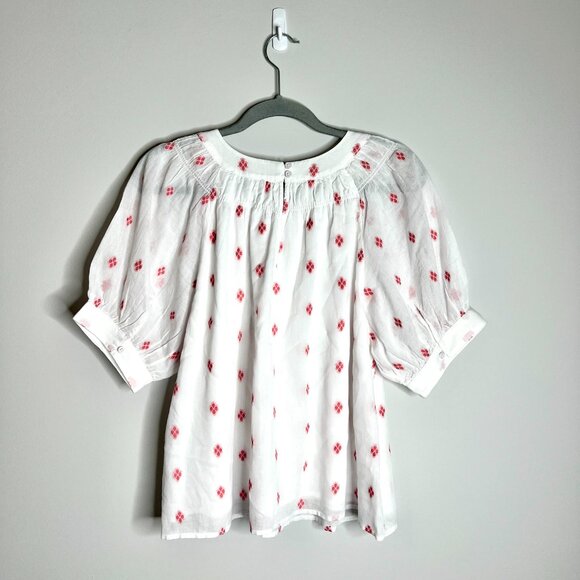 J. Crew Cotton Smock Neck Puff Sleeve Dot Top in White Red Granola Girl Sz Med - Picture 8 of 8